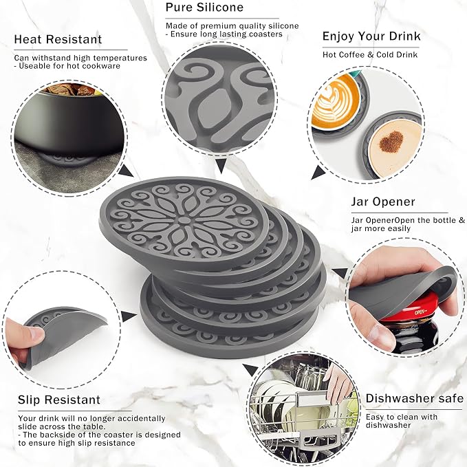 Coasters for Drinks, Resistant Reusable Silicone Coasters