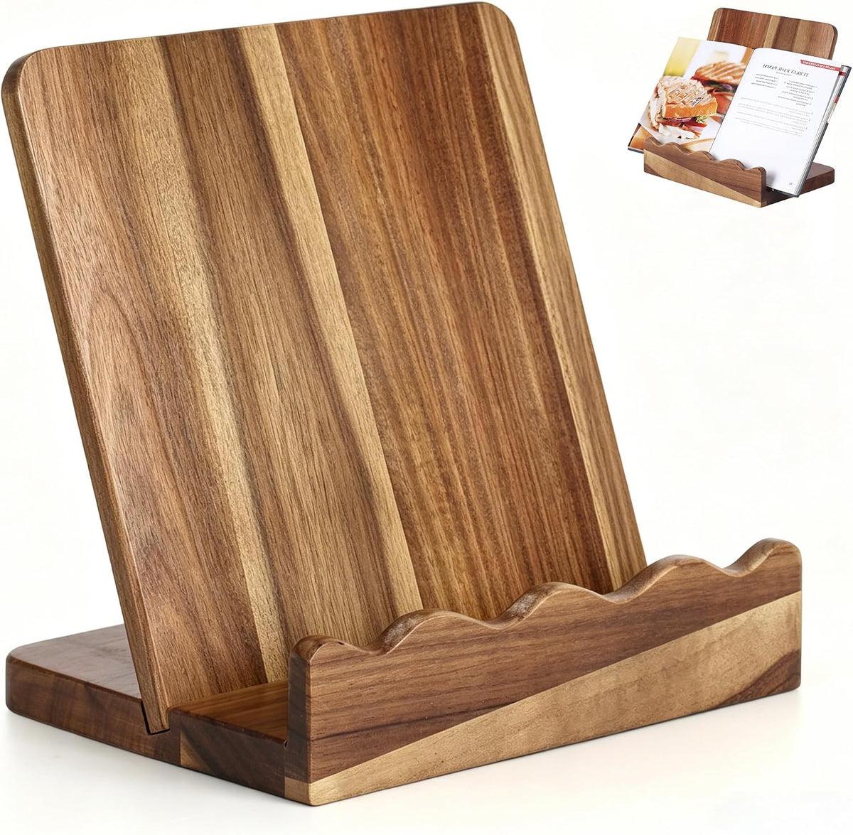 Scalloped Acacia Wood Cookbook Stand, Recipe Book Holder Keeps Pages Open