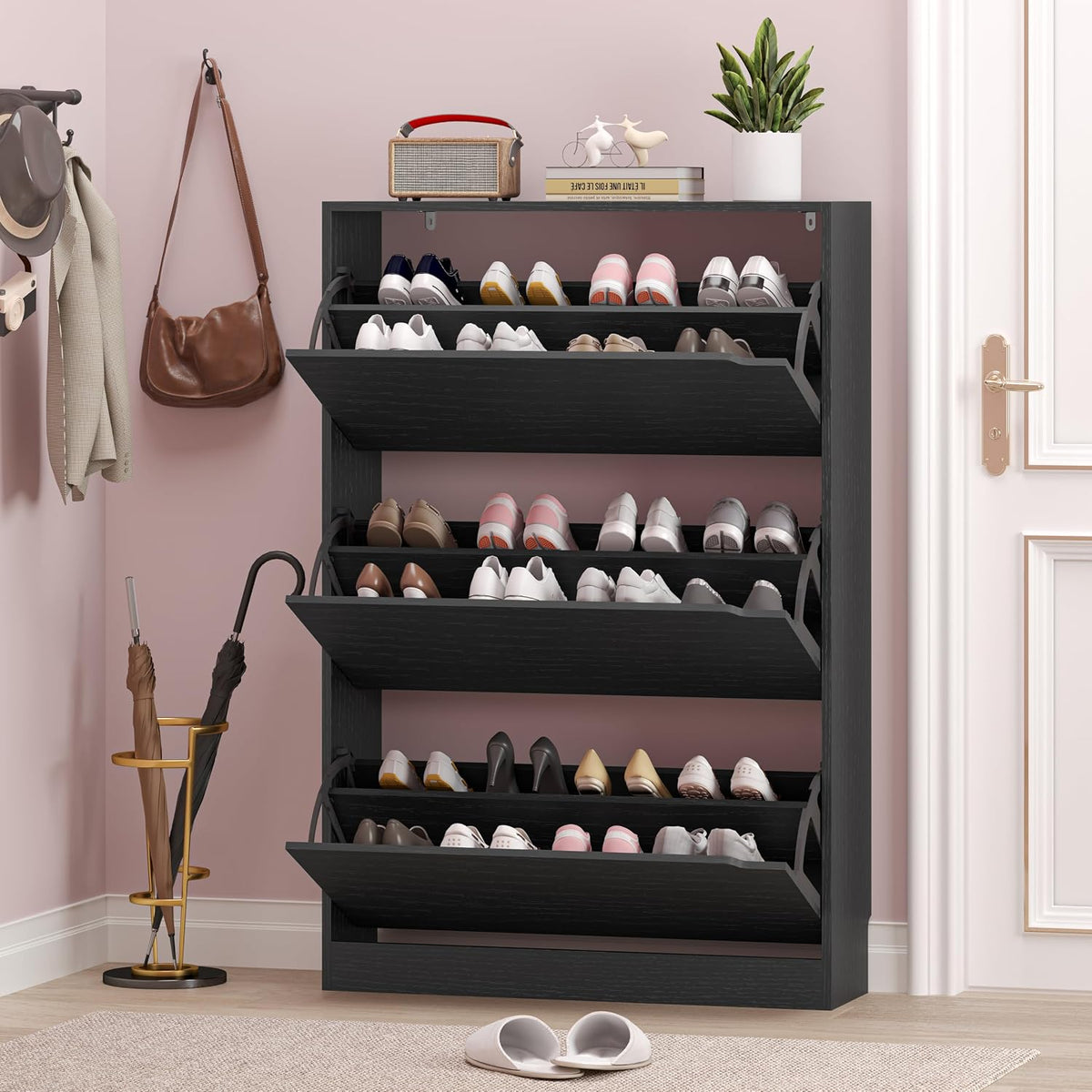 BORNOON Shoe Storage Cabinet with 3 Flip Drawers,Narrow Shoe Rack Cabinet,Freestanding Organizer Storage for Entryway, Hallway, Black