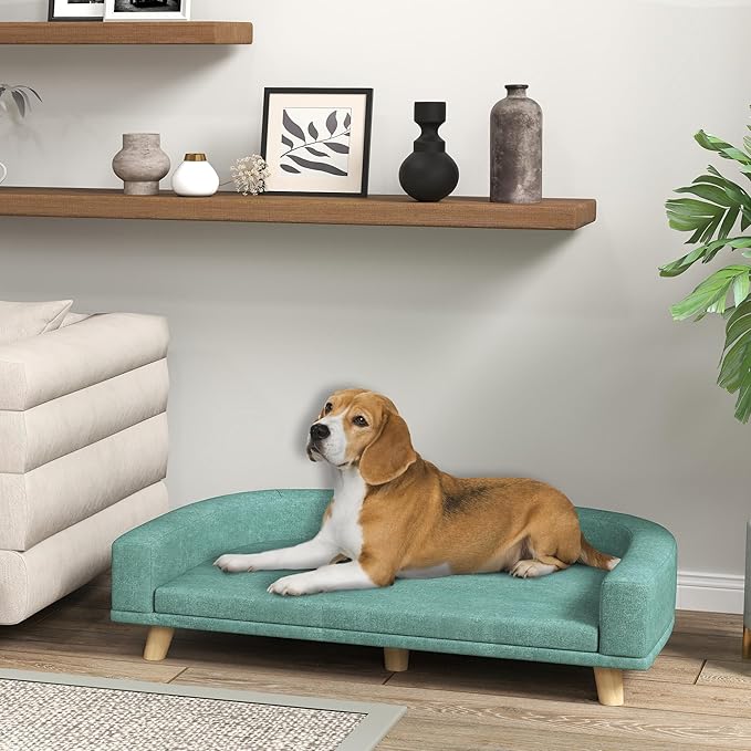 SUBARASHII Pet Sofa Couch Bed with Removable Cover for Dogs, Durable Dog Bed Furniture, Plush Fabric, MDF Frame with Pine Wood Legs, Large Size 33.9" W x 23.2" D, Stylish Neutral Home Decor