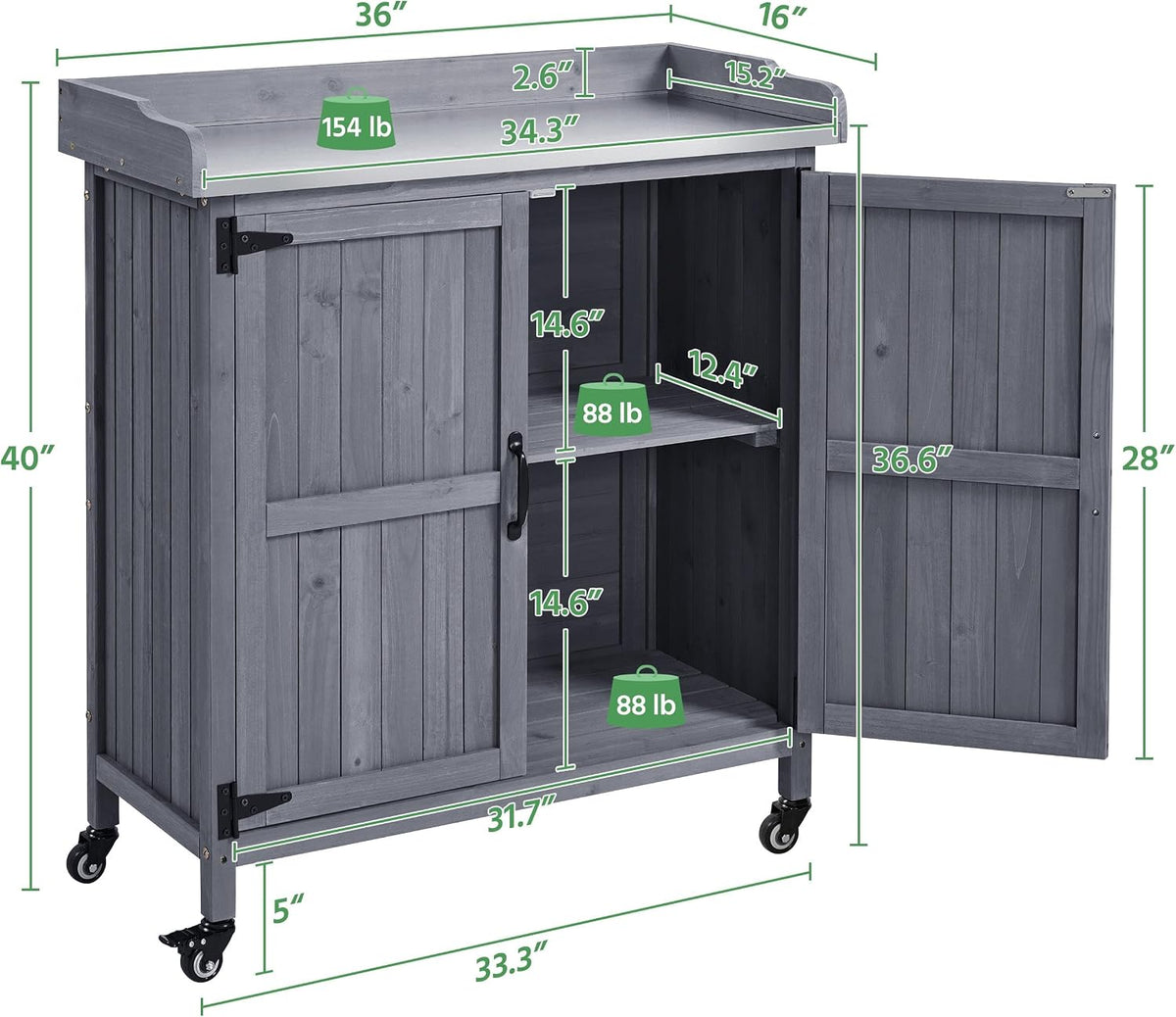 Yaheetech Rolling Potting Bench Outdoor Storage Cabinet, Metal Top, Gray