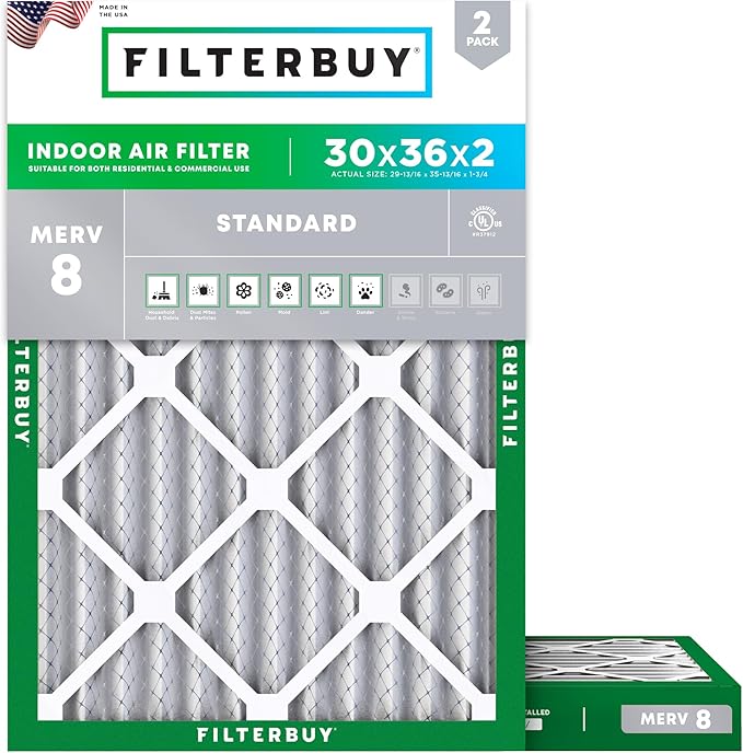 Filterbuy 30x36x2 Air Filter MERV 8 Essential Dust & Allergy Defense,