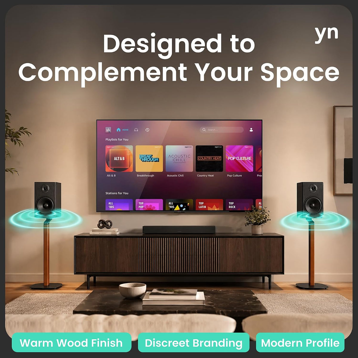 ynVISION.DESIGN Wood and Metal Speaker Stands, Pair, Black and Walnut