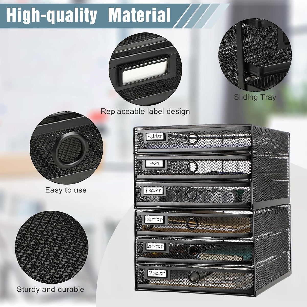 Zhanmai 2 Pack Black Desk Organizer Total Wire Mesh with Drawer, 3 Tier