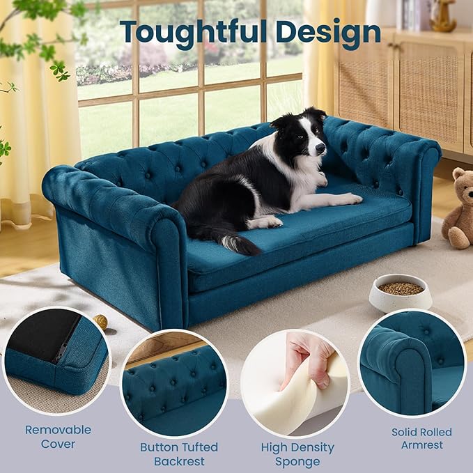 Elevated XL Large Dog Sofa with Backrest and Armrests, 55" Button Tufted Dog Couch Bed with Soft Cushion for Large Dogs, Stylish Lounging Bed Pet Couch Chair, 120Lbs Weight Capacity, Dark Blue