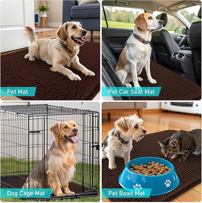 OLANLY Dog Door Mat Set 4-Piece 36x24, Absorbs Moisture and Dirt, Absorbent Non-Slip Washable Doormat, Quick Dry Chenille Mud Mat for Dogs, Entry Indoor Entryway Carpet for Inside Floor, Brown