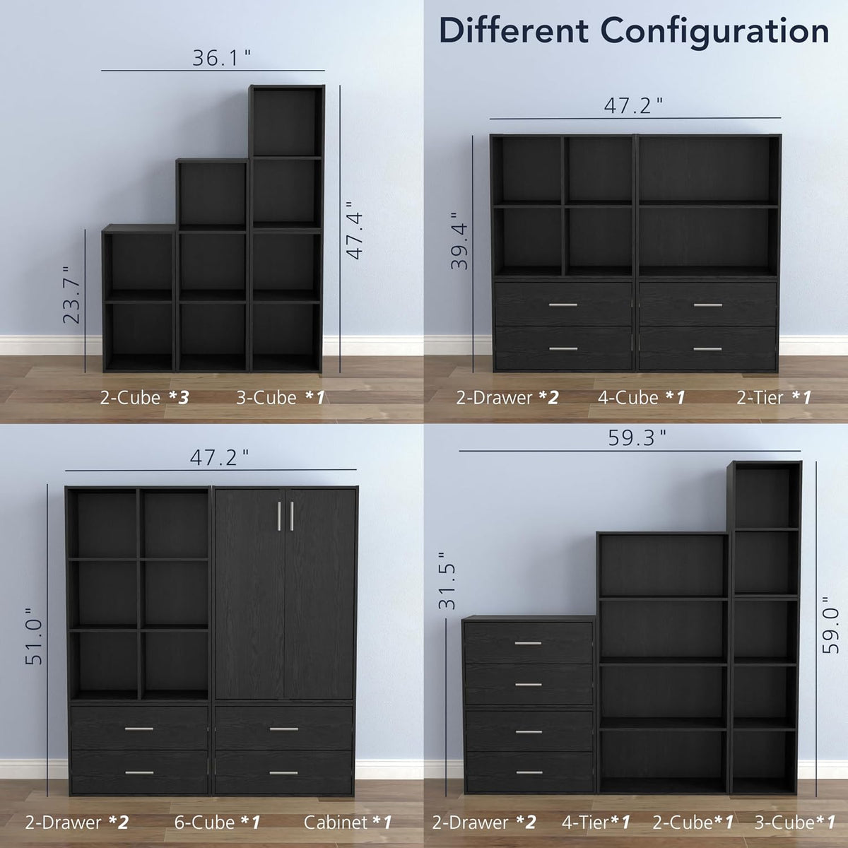 Homes: Inside + Out Apexa 2-Cube Storage Organizer Shelves, Stackable Wood Bookcase Fits Cubby Bins for Organization, Dorm Teen Room Decor & Home Office, Black