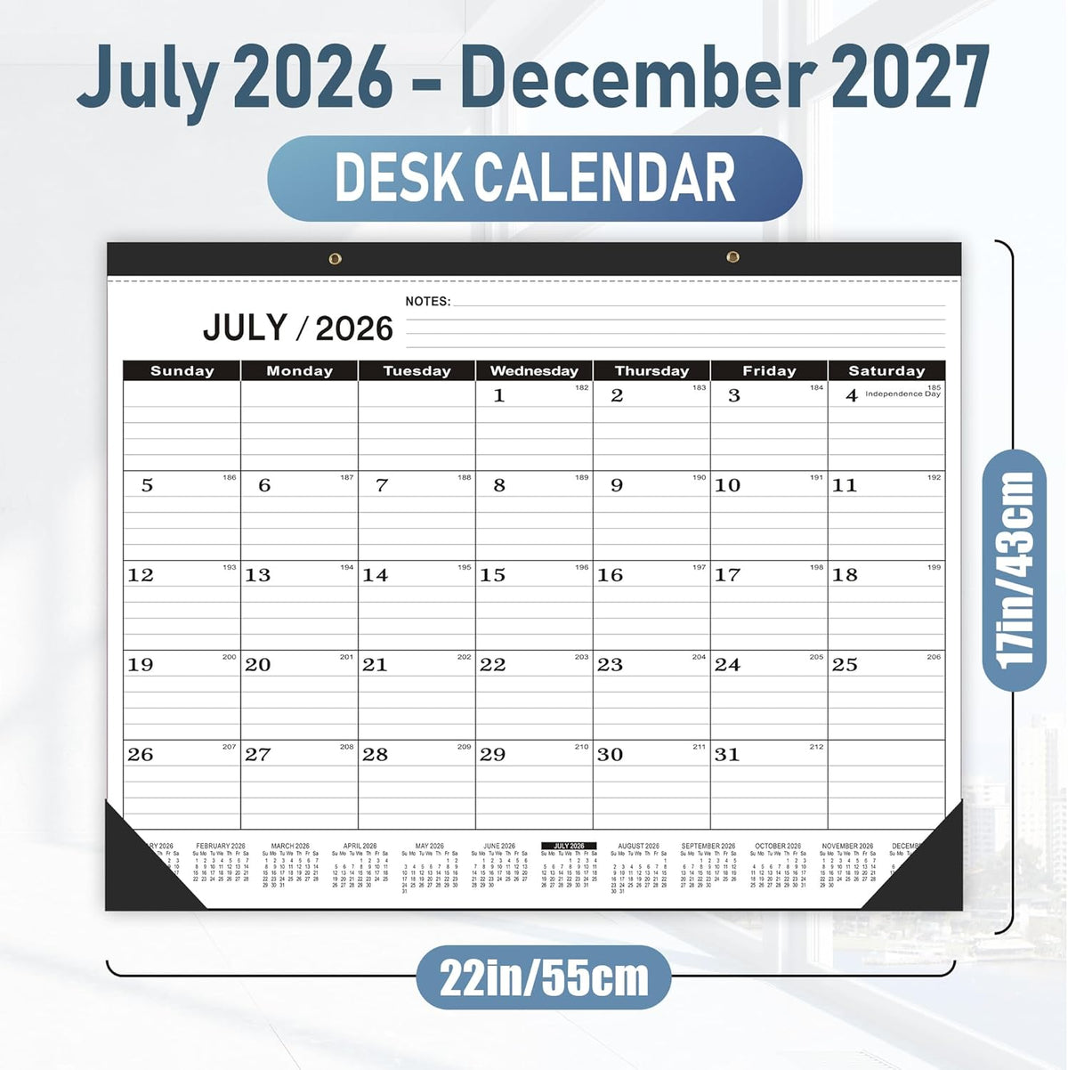 Desk Calendar 2026-2027,July 2026 to December 2027,Desk calendar 2026-2027 Large 22x17, Classroom Calendar 2027 with PVC Cover,Round Holes& NOTES List (Black),18 Months Calender 2027