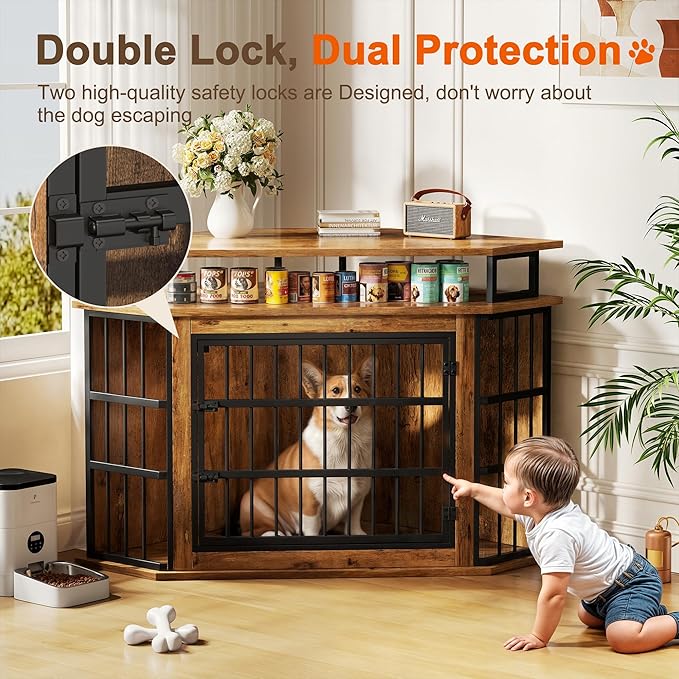 Corner Dog Crate Furniture with 2-Tier Shelves，51" Large Dog Kennel with Storage Indoor Wooden TV Stand, Modern Dog Cage Decorative Pet House, Rustic Brown