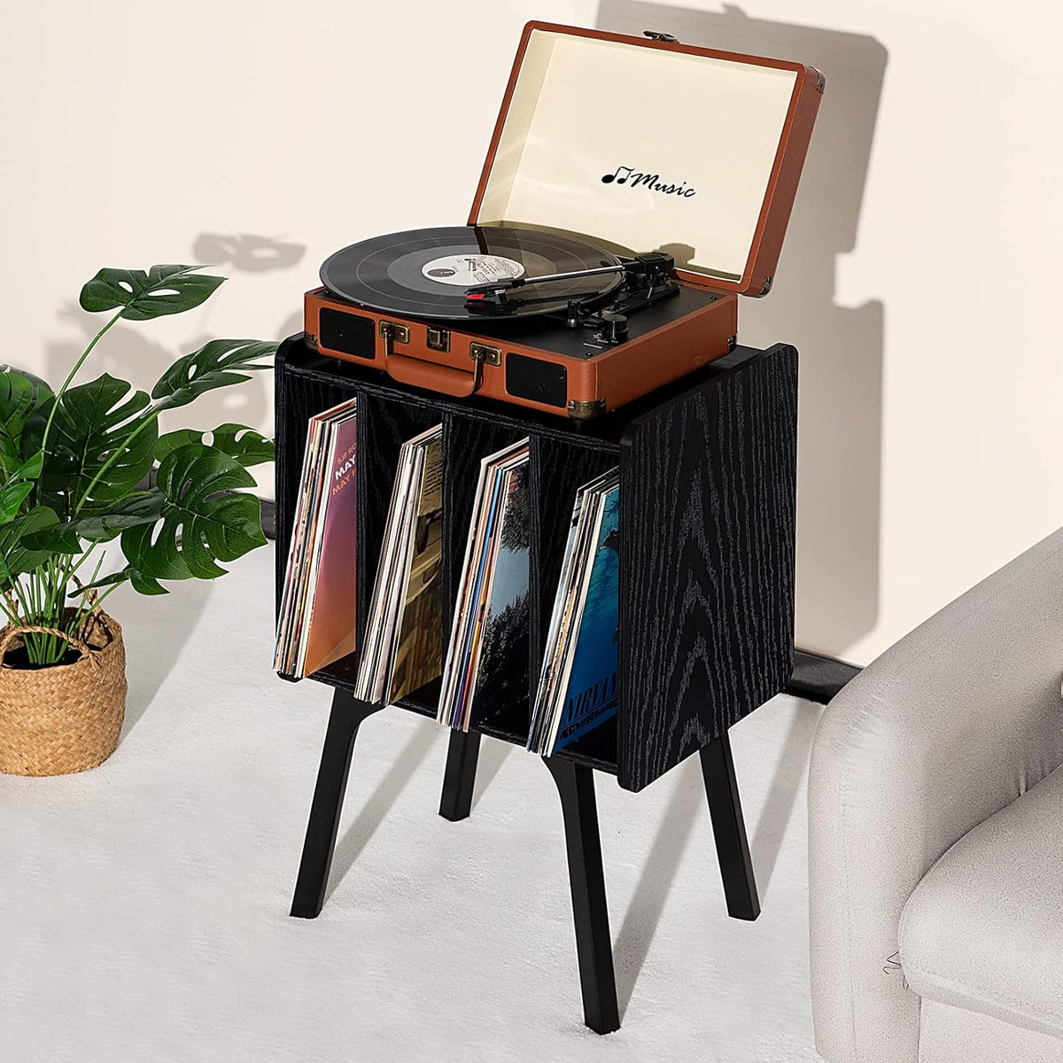 LELELINKY Small Record Player Stand, 4 Cabinet Vinyl Storage Table, Black