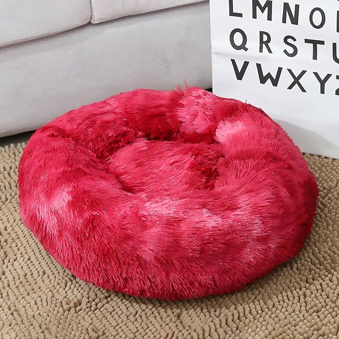 Calming Dog Bed for Small Dogs, Calming Donut Cuddler Pet Bed Anti Anxiety Round Dog Bed Fluffy Plush Faux Fur Cat Bed,Wine red,19.7IN