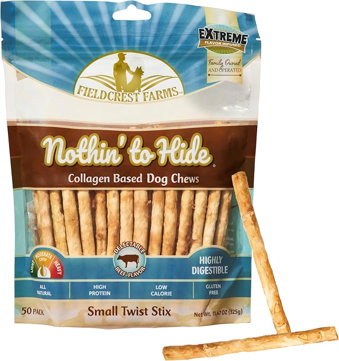 Fieldcrest Farms Nothin' to Hide Twist Stix, Beef Flavor, Easily Digestible, Supports Skin, Coat, Joints & Muscles, for Moderate Chewers Under 15lbs, 50 Pieces