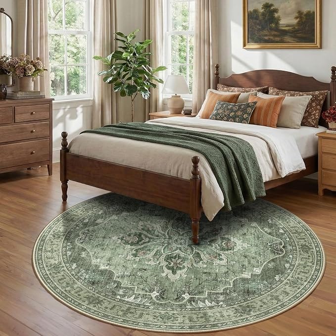 RELEANY Area Rugs Round 8ft Washable Non-Slip, Floral Vintage Distress