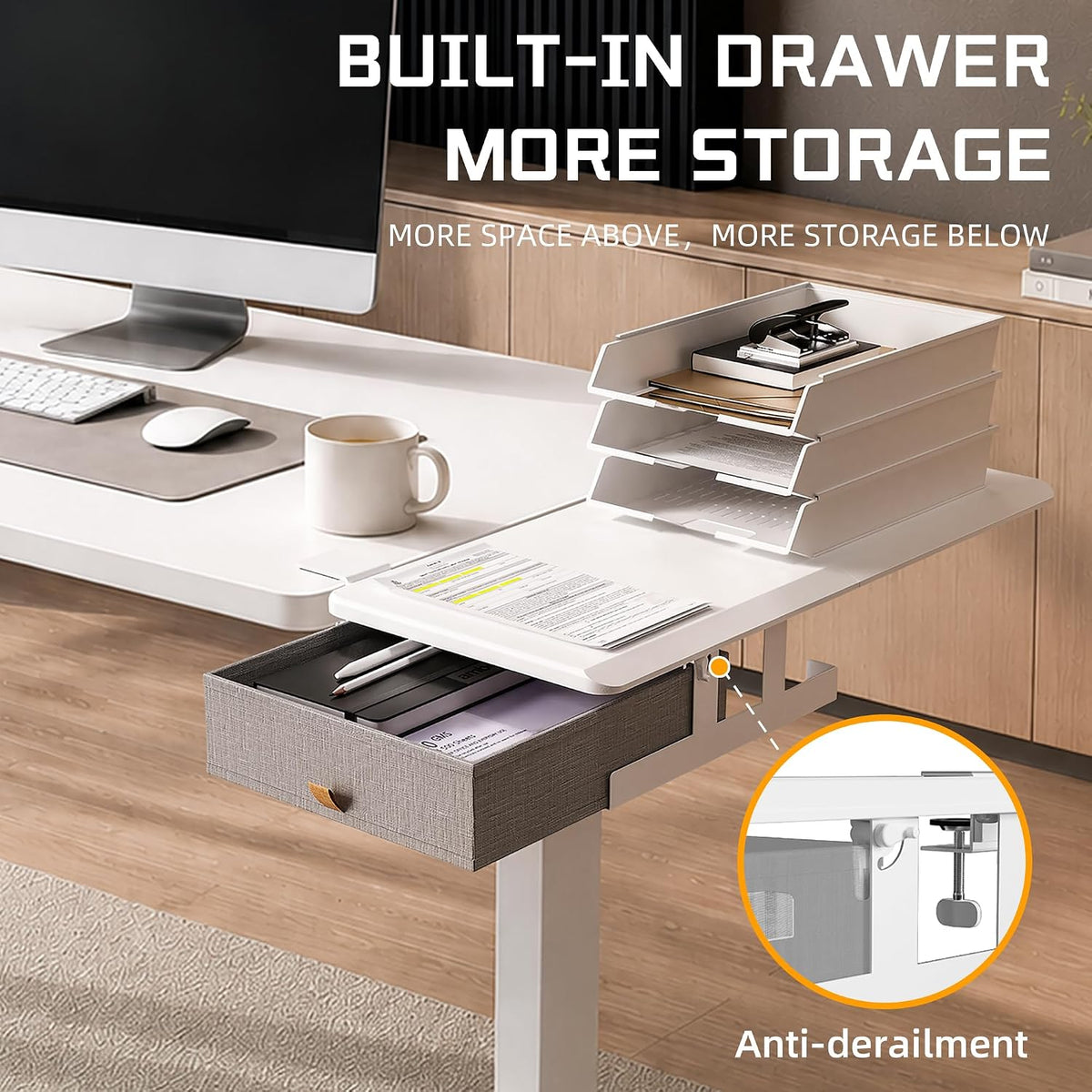 ETHU Desk Side Extender Tray with Storage Drawer, 25.6x11.4, White