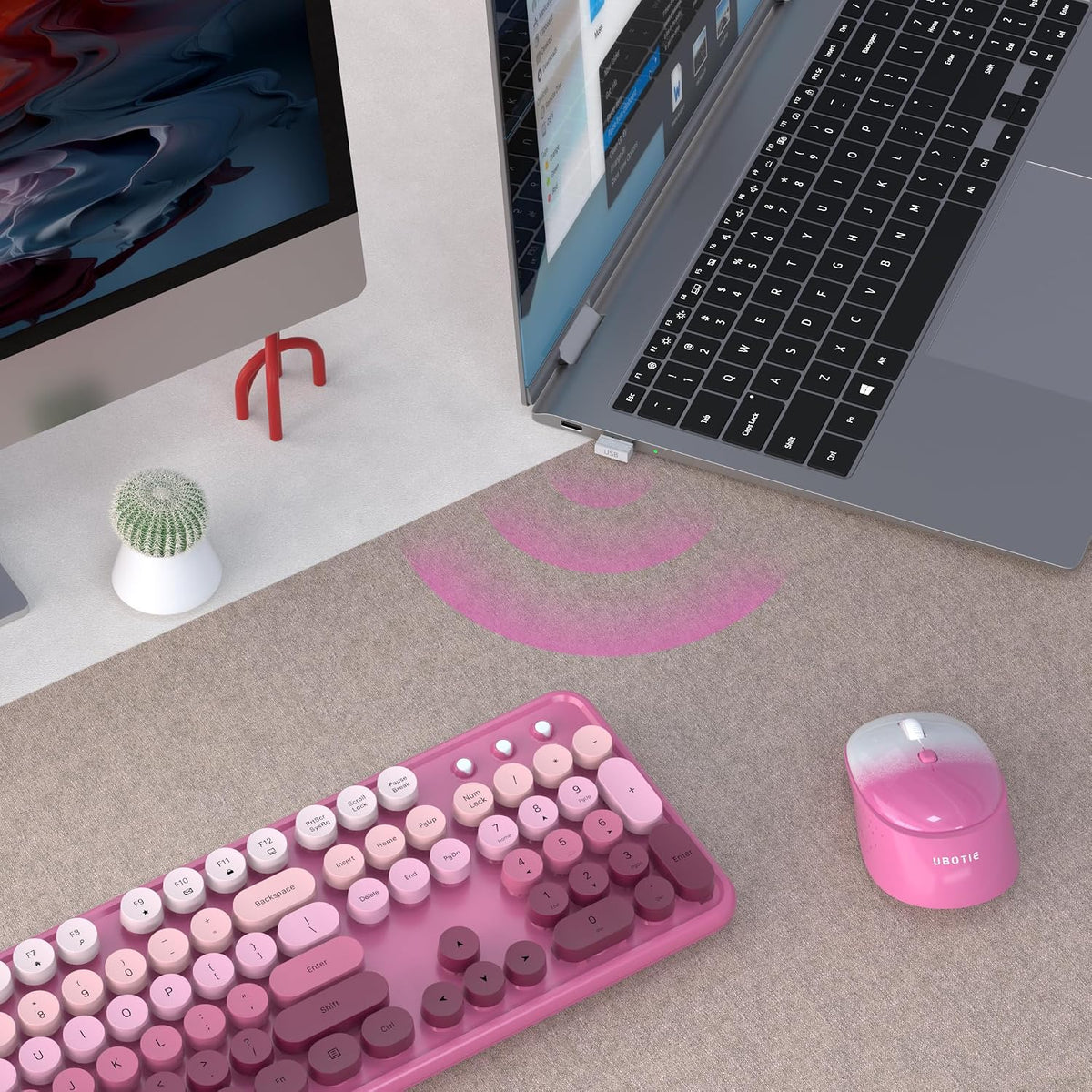 UBOTIE Colorful Computer Wireless Keyboard Mouse Combo (Rosy Gradient)