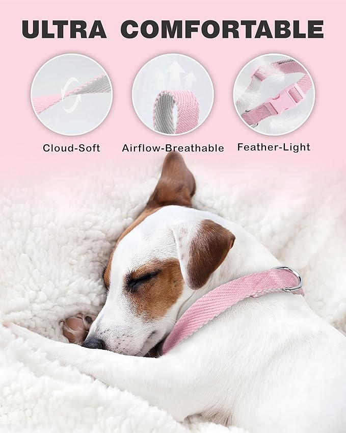 Dynmeow Soft and Breathable Cotton Dog Collar, Durable Adjustable Female Girl Pet Collar with Quick-Release Buckle, Lightweight for Sensitive Skin for Small and Medium Dogs, Pink, S