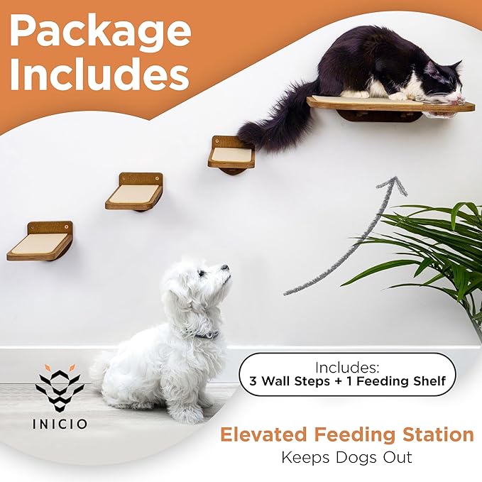 INICIO Cat Shelves – Dog Proof Feeding Station with Wall Mounted Shelves, 3 Steps for wall with Floating Shelf for Cats Up to 15lbs, Includes Attached Cat Food Bowl for Convenient Feeding – Brown