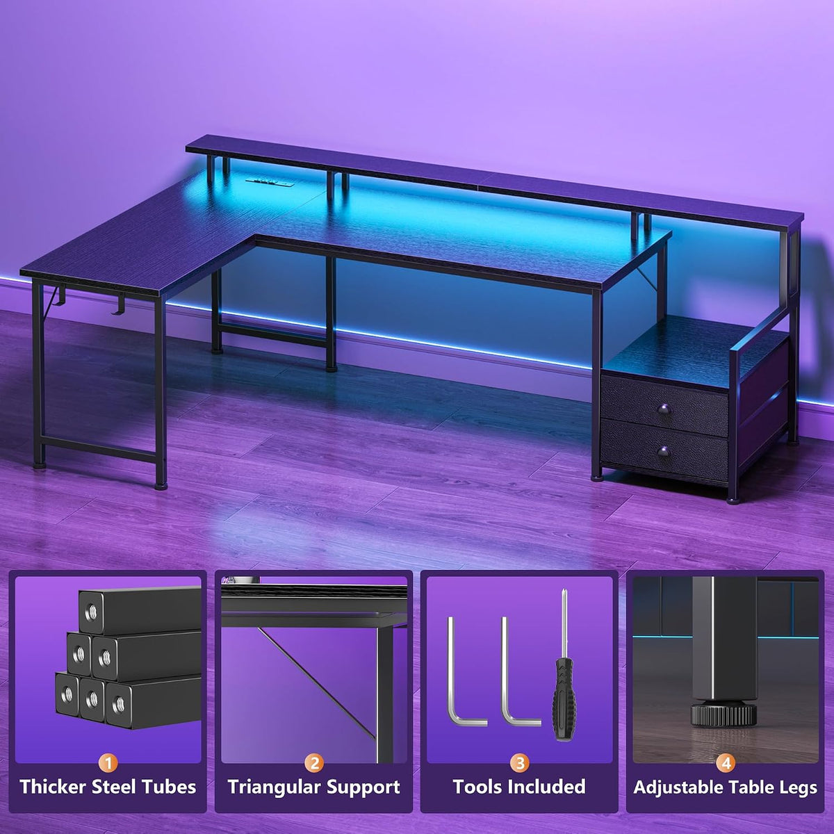 Korfile 66'' L Shaped Gaming Desk with Storage Drawers, Power Outlets, LED