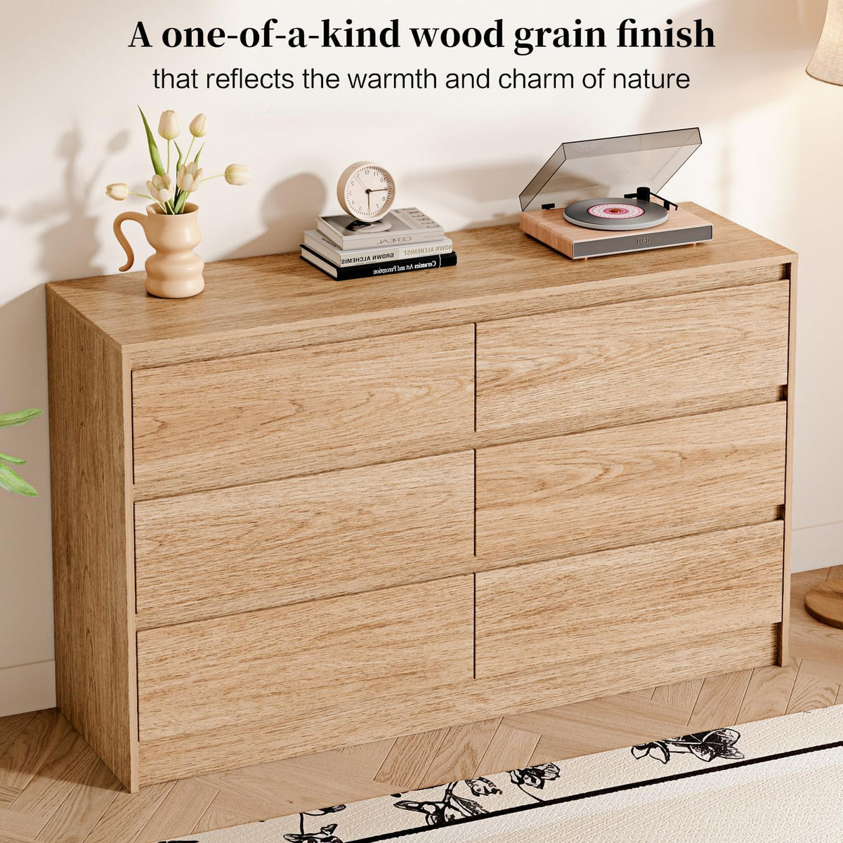 Chrangmay 6 Drawer Dresser,47.24" Wide Mid Century Chest of Drawers,Wooden Bedroom Drawer Dresser with 6 Storage Drawers for Bedroom,Living Room,with Anti-Tipping Device, Wheat