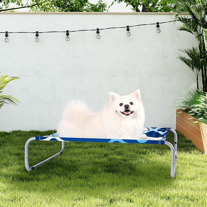 Elevated Dog Bed for Small Dogs 40lb,Breathable Cooling Raised Washable Dog Cot,Metal Frame, No-Slip Feet,Polyester Cotton,Indoor/Outdoor Pet Bed,28 * 22 * 7in, Clover Ocean Blue