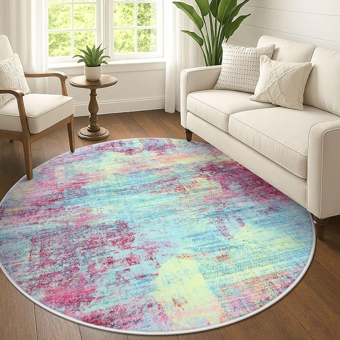IOHOUZE Abstract Round Area Rug 6 Ft Washable Circle Rugs Large Round Rug Non