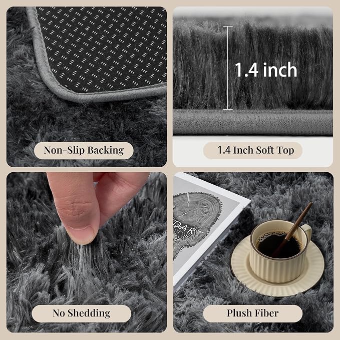 Area Rug for Living Room Bedroom: 9x12 Black Grey Soft Fluffy Shag Upgrade