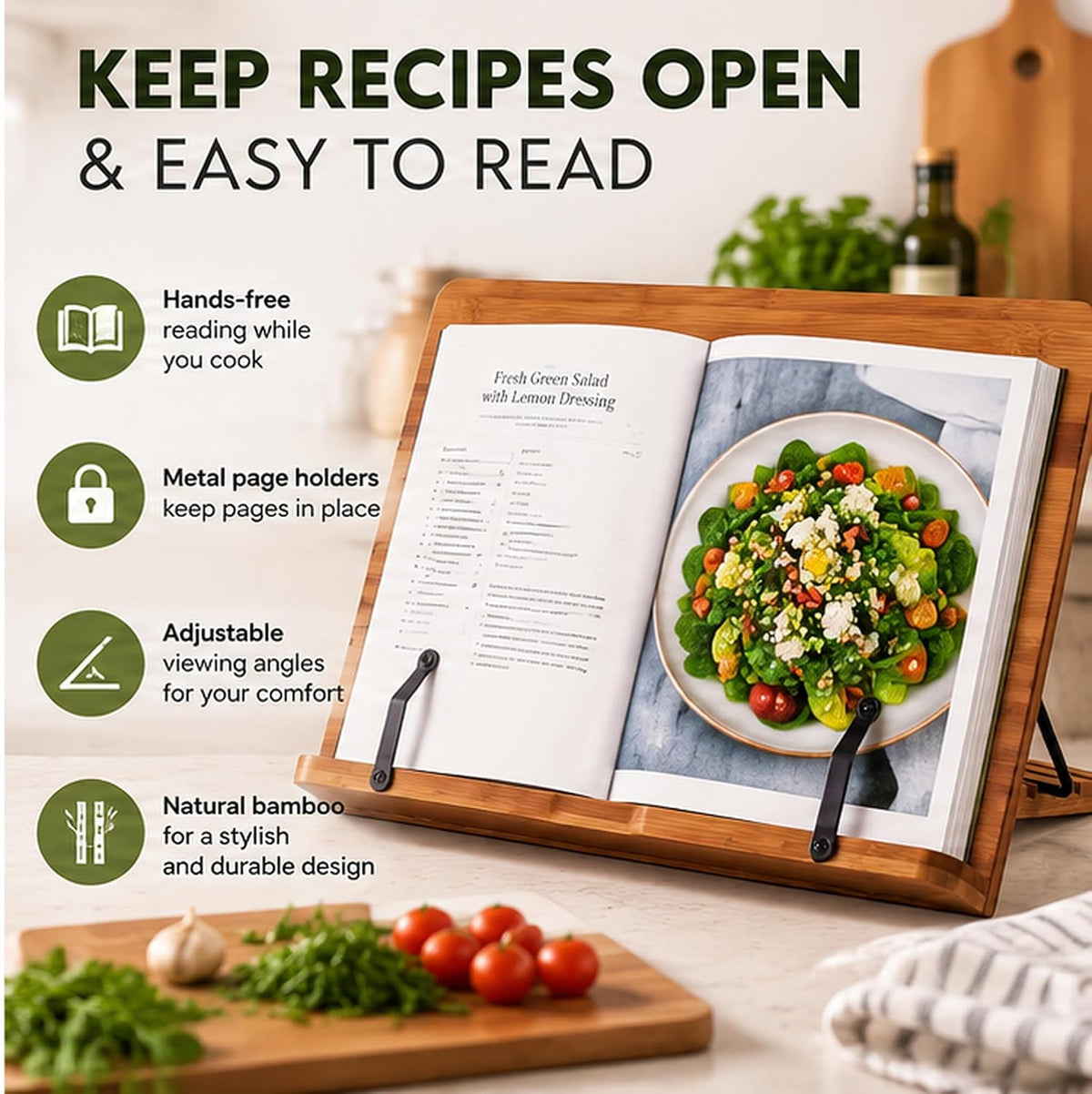 Bamboo Cookbook Stand Large, Adjustable Book Holder Tray and Page Paper Clips - Walnut Color Large - 4-Position Recipe Book Stand Holds Thick Books for Kitchen Counter, Reading, Studying - Foldable