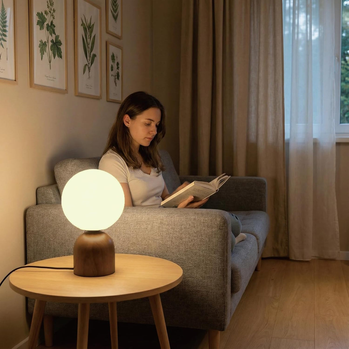 9.8" Dimmable Solid Wood Table Lamp with Opal Glass Globe Shade, Walnut