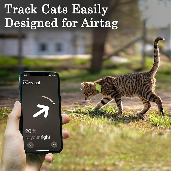 OOPSDOGGY Leather AirTag Cat Collar with Bell - Non Breakaway Kitten Collar with Apple Air Tag Holder - Lightweight GPS Pet Collars for Girl Boy Cats, Small Dogs, Puppies (Lime Green)