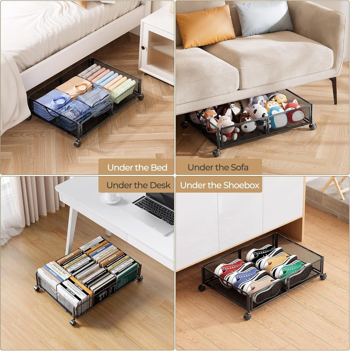 Yecaye Under Bed Storage with Wheels, 4 Pack Under Bed Shoe Storage, Black