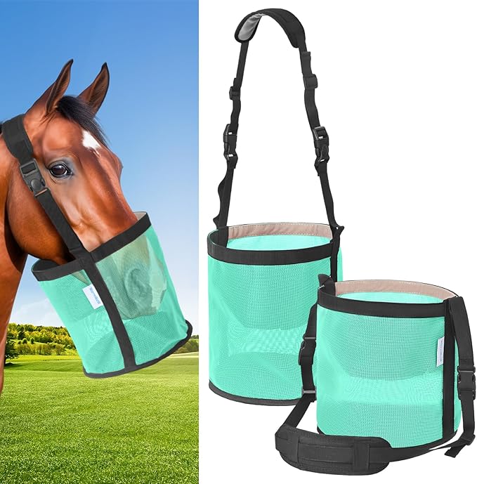 Horse Feed Bag Pack of 2, Feed Bags for Horses with Ventilation Mesh, Comfort Nose Pad Neck Pad, Adjustable Strap, Spill Proof Design for Independent Feeding Grain, Supplements (Mint)