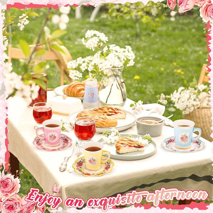 Tioncy 100 Pcs Tea Party Decorations Include 50 Pieces 9 oz Paper Tea Cups