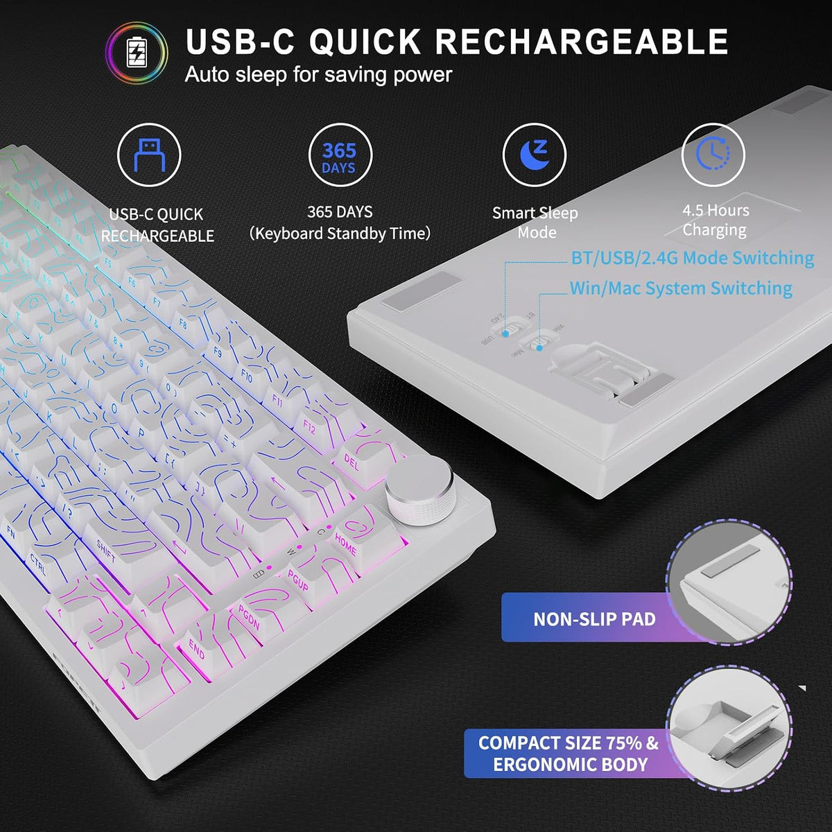 FOPETT Wireless Mechanical Keyboard Rechargeable Adjustable Backlight Three Mode Wired /2.4G /Bluetooth Side Engraved for Laptop/Windows/PC - Contour Lines White