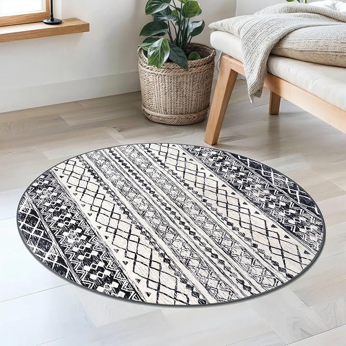 KUTA Round Washable Rug 3Ft Boho Black Navy Blue Entryway Rugs, Moroccan Foyer