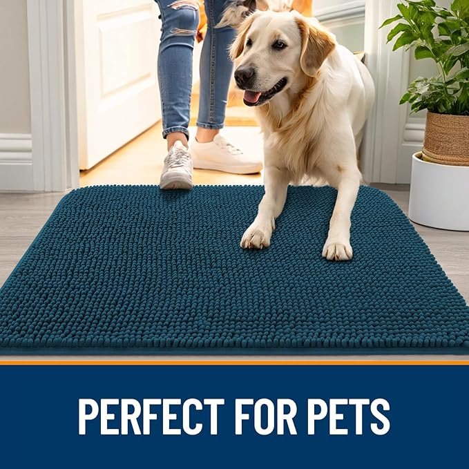 OLANLY Dog Door Mat Set 4-Piece 30x20, Absorbs Moisture and Dirt, Absorbent Non-Slip Washable Doormat, Quick Dry Chenille Mud Mat for Dogs, Entry Indoor Entryway Carpet for Inside Floor, Atlantic Blue