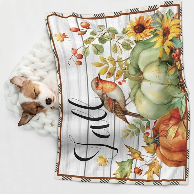 Fall Blanket for Pet - Wood Throw Blanket 30x20 Pumpkin Birds Sunflowers Couch Blankets for Puppy Dogs Cats