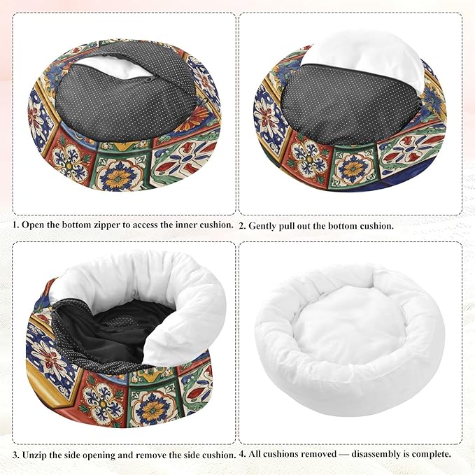 Round Cat Bed Dog Bed,15.7in Mexican Tile Patterns Washable Non-Slip Bottom Soft Pet Bed for Small Medium Dogs and Cats
