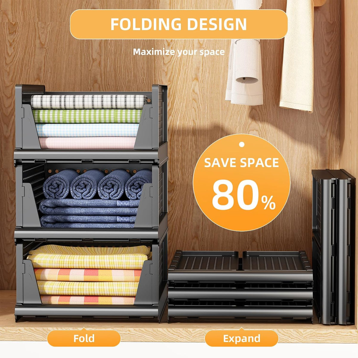 Folding Closet Organizer and Storage for Shelves, 5 Pack Stackable Plastic Storage Basket for Closet, Top Bottom of Closet Organizer, Drawers Organizer for RV, Camper, Pants, Clothes, Office