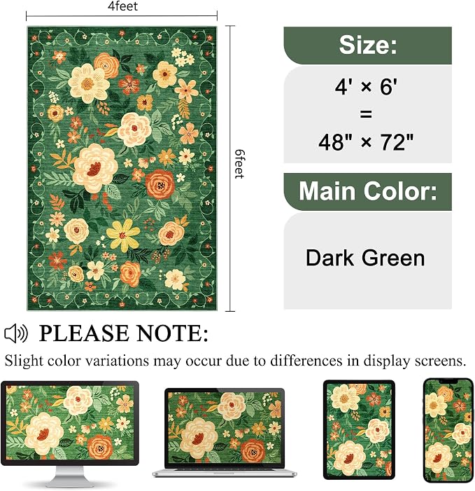 DUKINO 4x6 Area Rug, Lightweight Non Slip Washable Floral Rug, Indoor Low Pile