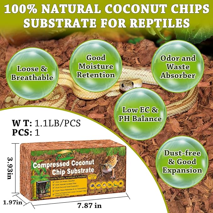 ZeeDix Coconut Husk for Reptiles, Organic Coconut Chips Substrate Coco Husk Snake Bedding, Coco Coir Chips Reptile Substrate for Ball Python, Tortoises, Geckos, Lizards, Hermit Crab, Lizard, Tarantula