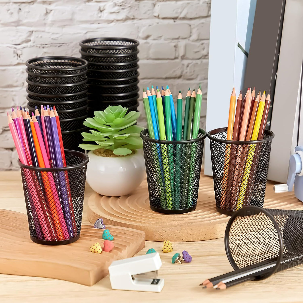Henoyso 36 Pack Mesh Pencil Holder Wire Mesh Pen Cup Black Pen Holder for Desk Metal Pen Organizer Pencil Cup Marker Holder Makeup Brush Holders for Home Office Supplies Accessories
