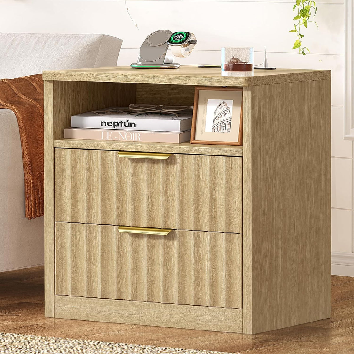 TEENFON Fluted Night Stand, Nighstand with Charging Station and LED Light, Modern Bed Side Table for Small Space, Storage Drawer and Open Shelf, for Bedroom, Natural