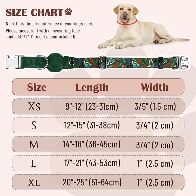 AirTag Dog Collar for Small Medium Large Breed - Adjustable Cute Pattern Dog Collar with Airtag Holder - Soft Leather Tracker GPS Apple Air Tag Pet Collars (Small, 12"-15" Neck Fit, Mushroom)