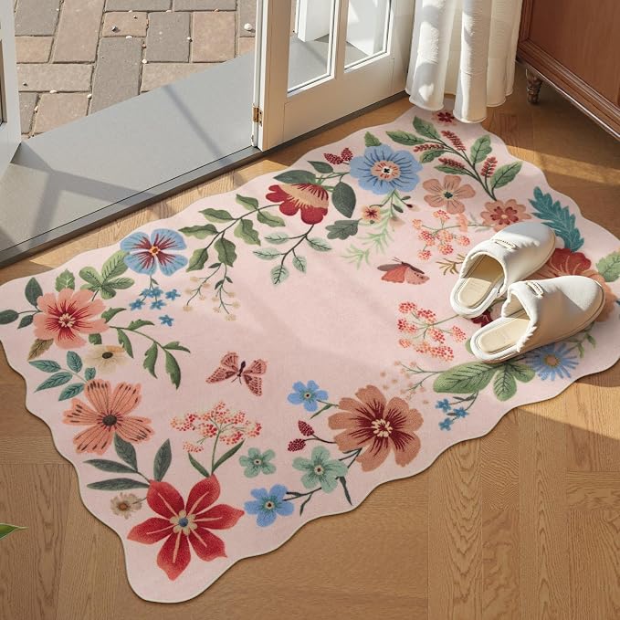 Lahome Floral Pink Rugs for Entryway, 2X3 Washable Kitchen Rug Non Slip
