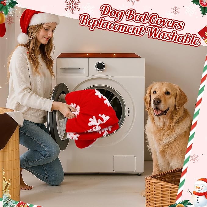 Oudain Dog Bed Cover 45 x 45 x 11 Red Snowflakes Waterproof Round Dog Bed Cover Replacement Washable for Round Dogs Beds Valentine's Day Christmas Winter Decor Scratch Resistant Mattress Protector