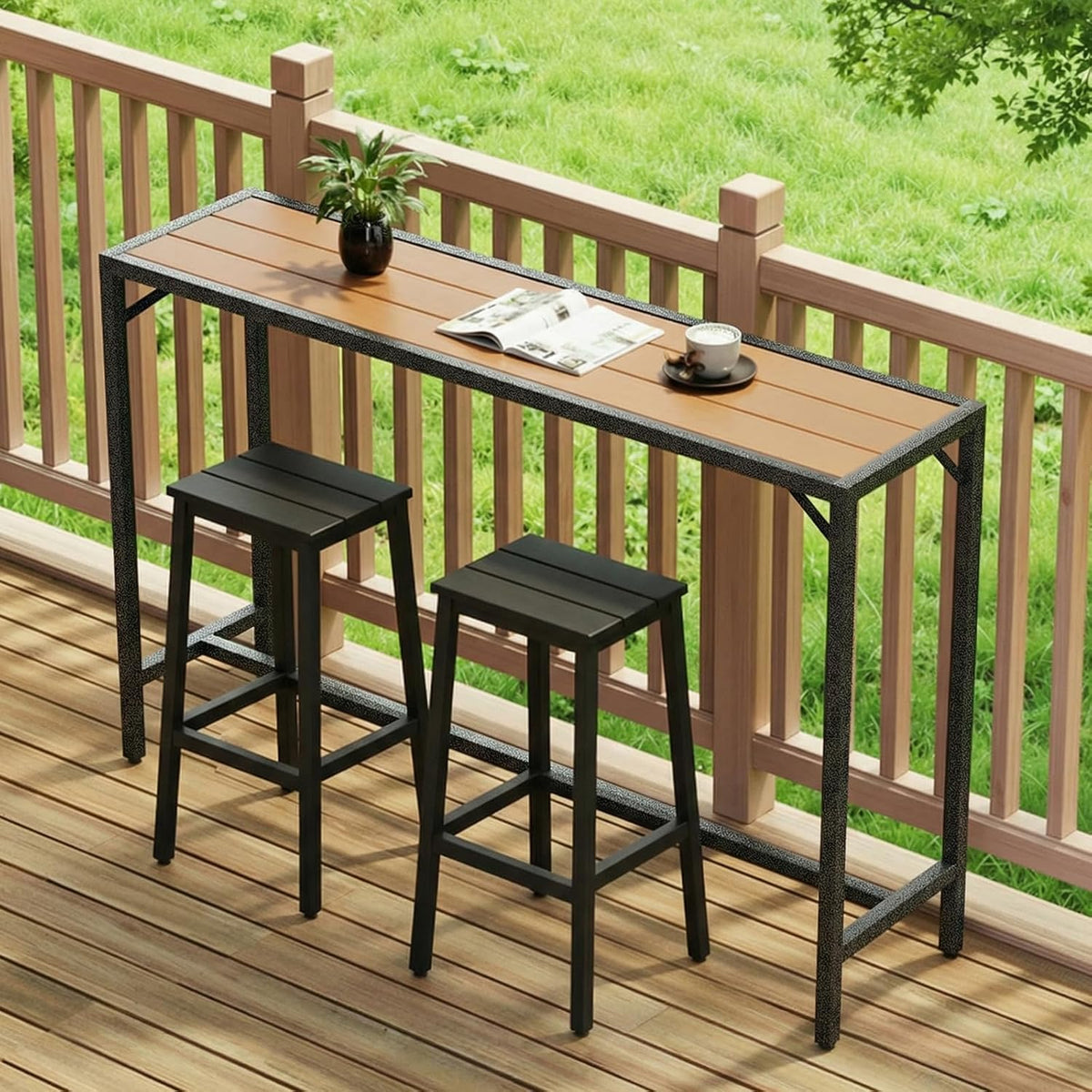 TLSUNNY 55" Patio Bar Table, Sturdy Outdoor Counter Height Table, Teak