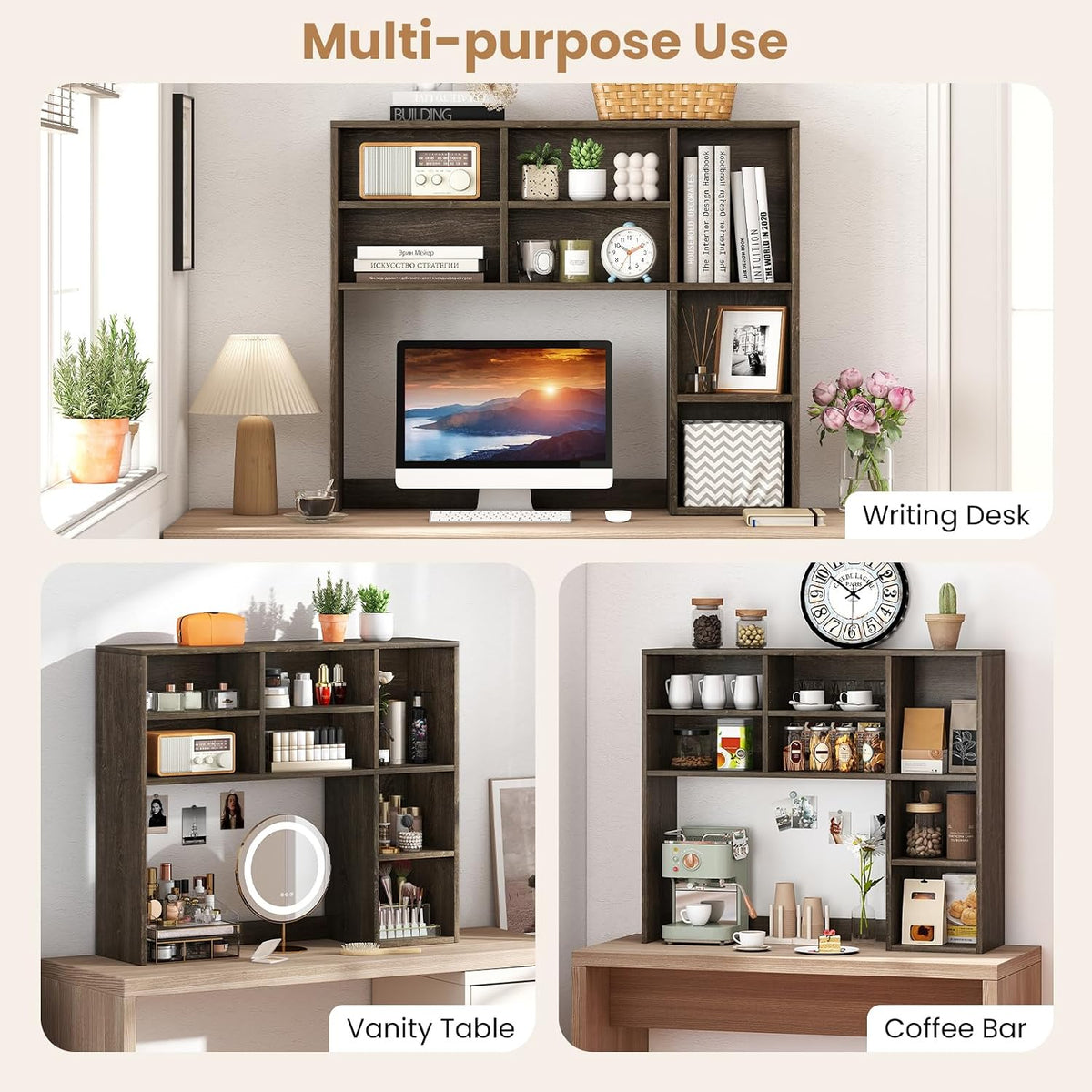 GOFLAME 7 Cubes Desktop Bookshelf, 37” Desk Organizer Shelf with 3 Adjustable Shelves, 3-Tier Wood Countertop Display Rack, Multipurpose Tabletop Desk Hutch for Dorm, Home Office, Gray