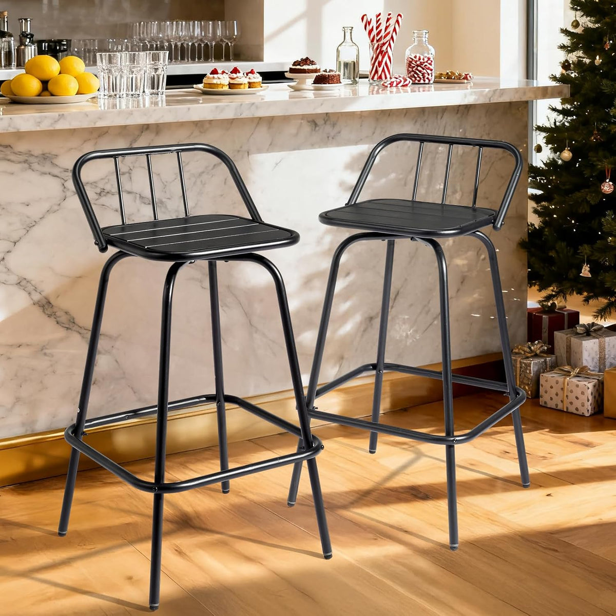 VINGLI 2 PCS Outdoor Swivel Bar Stools, 30 Inch Metal Barstools with Backrest & Footrest, 360° Rotating All-Weather Stools for Garden, Balcony, Kitchen Island (Black)