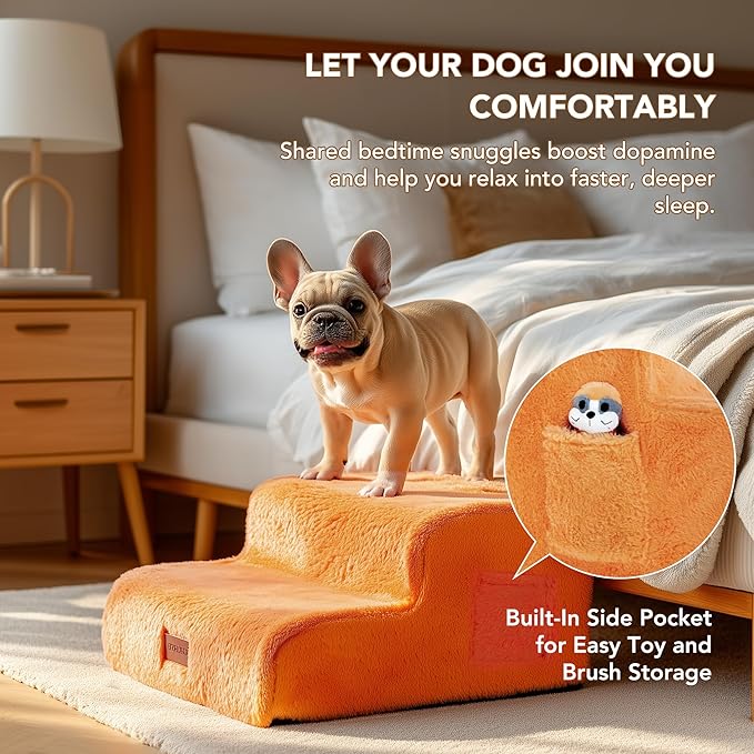 PETNOVO Ultra-Soft Rabbit Fur-Like Dog Stairs for Couch/Bed, Luxury Comfort 2-Step for Small & Senior Dogs, Non-Slip, Removable Washable Cover, Oeko-TEX Certified, 15.7" D x 15.7" Wx 11.8" H, Orange