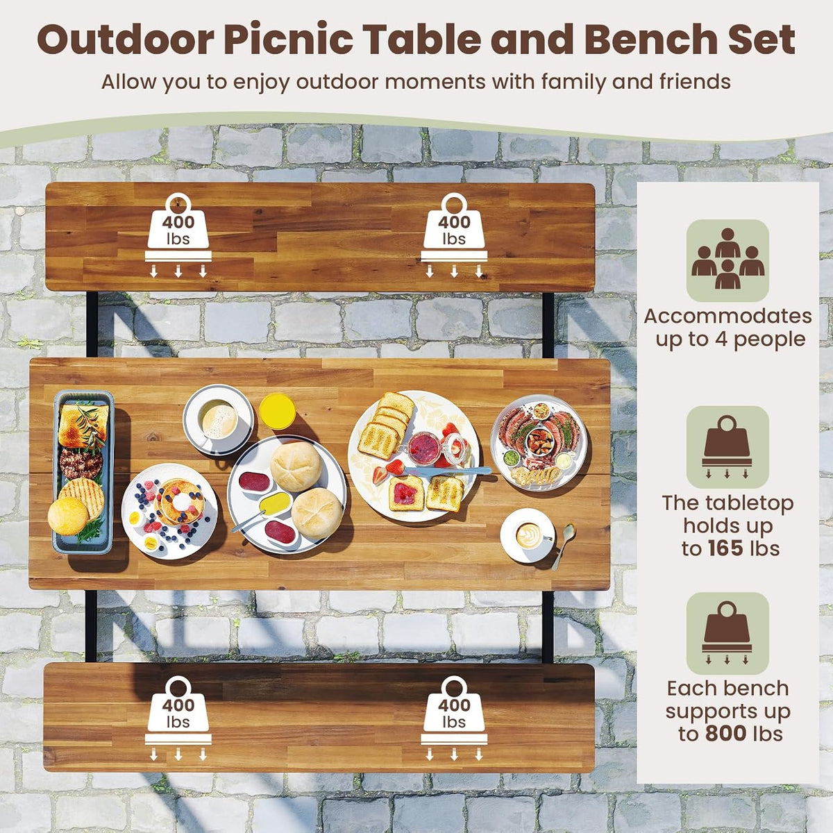 GIANTEX 4.5FT Picnic Table Bench Set for 4, Acacia Wood Outdoor Dining Table Set, Heavy Duty Metal Frame, Footrest Bar, Large Rectangular Tabletop for Porch Patio Lawn Garden